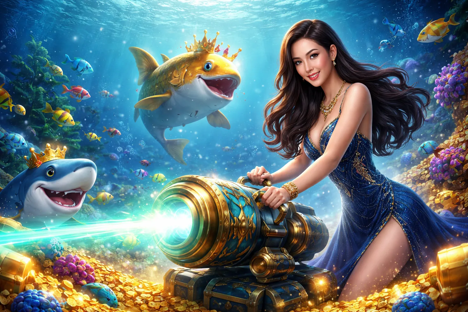 Hình ảnh game Bắn Cá với các loại cá đầy màu sắc và hiệu ứng tiền thưởng